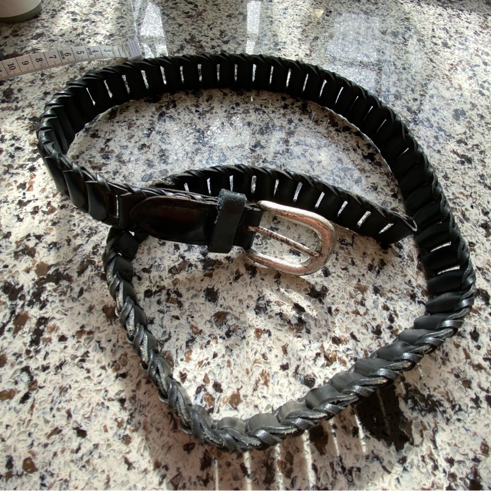DONNA KATZ Woven Leather Belt Distressed Silver Buckle Adjustable Size L